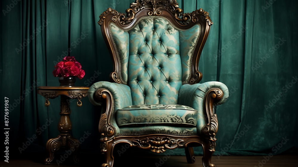 Elegant green velvet armchair and table with red roses, vintage interior design, luxury and comfort.
Elegant green velvet armchair and table with red roses, vintage interior design, luxury and comfort.