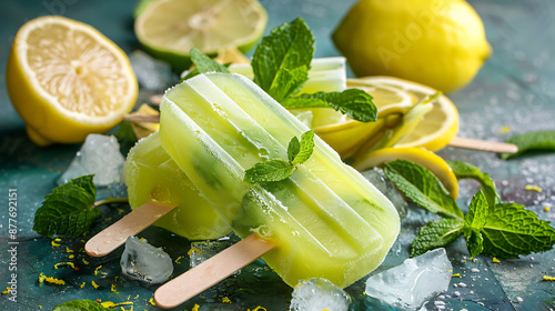 Refreshing green lime and lemon popsicles with mint leaves, perfect for a summer treat. 
