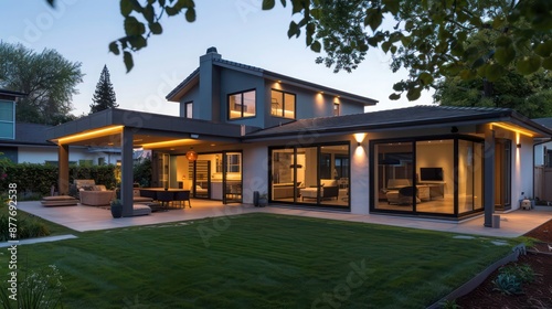 Contemporary suburban home with an interactive outdoor LED lighting system that responds to music played in the backyard
