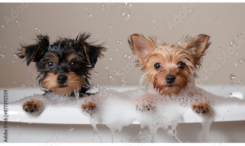 black Yorkshire terrier puppy and red one play in a white cast iron bathtub. shimmering bubbles and bubbles in the air, highlighting a fun animal grooming moment