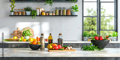 Fresh vegetables, olive oil, and spices on a kitchen counter, with a modern design and a minimalist style. 