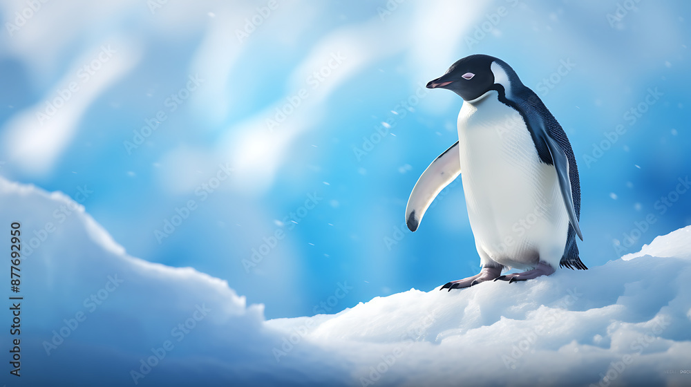 Obraz premium A black and white penguin stands on a snowdrift, against a blue and white blurred background, capturing the essence of winter and the beauty of the arctic. 