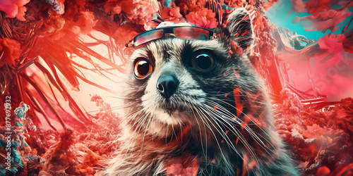 A raccoon wearing sunglasses in a red, blue, and white surreal landscape, perfect for social media, posters, and branding.  photo