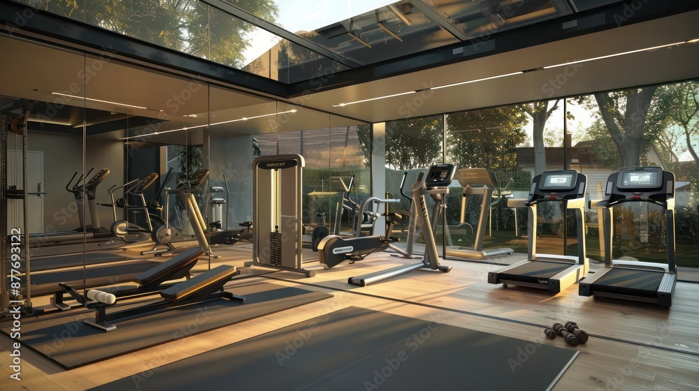 Contemporary suburban home with a glass-walled gym that includes a range of smart fitness equipment, from treadmills to weight machines, all integrated with health tracking apps Contemporary suburban home with a glass-walled gym that includes a range of smart fitness equipment, from treadmills to weight machines, all integrated with health tracking apps
