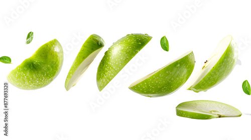 floating thin slices of green apple on transparency background  photo