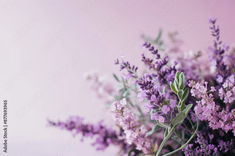 Fototapeta premium Closeup of Blooming Lavender Flowers on a Pink Background
