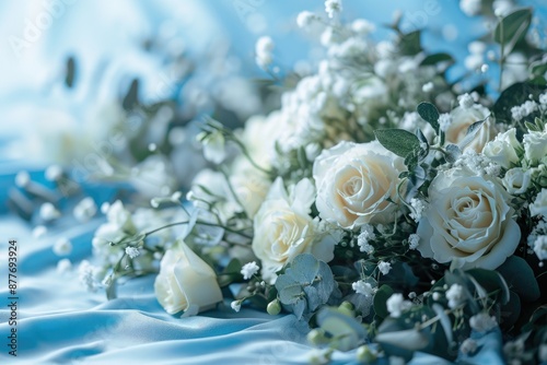 White Roses and Babys Breath Bouquet on Blue Fabric
