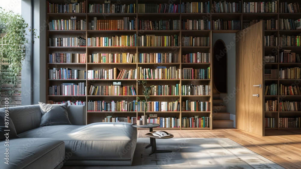 Contemporary suburban home with a bespoke library wall that features a hidden door to a secret room Contemporary suburban home with a bespoke library wall that features a hidden door to a secret room