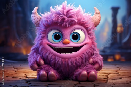 Cute violet 3D monster character in kids cartoon styl