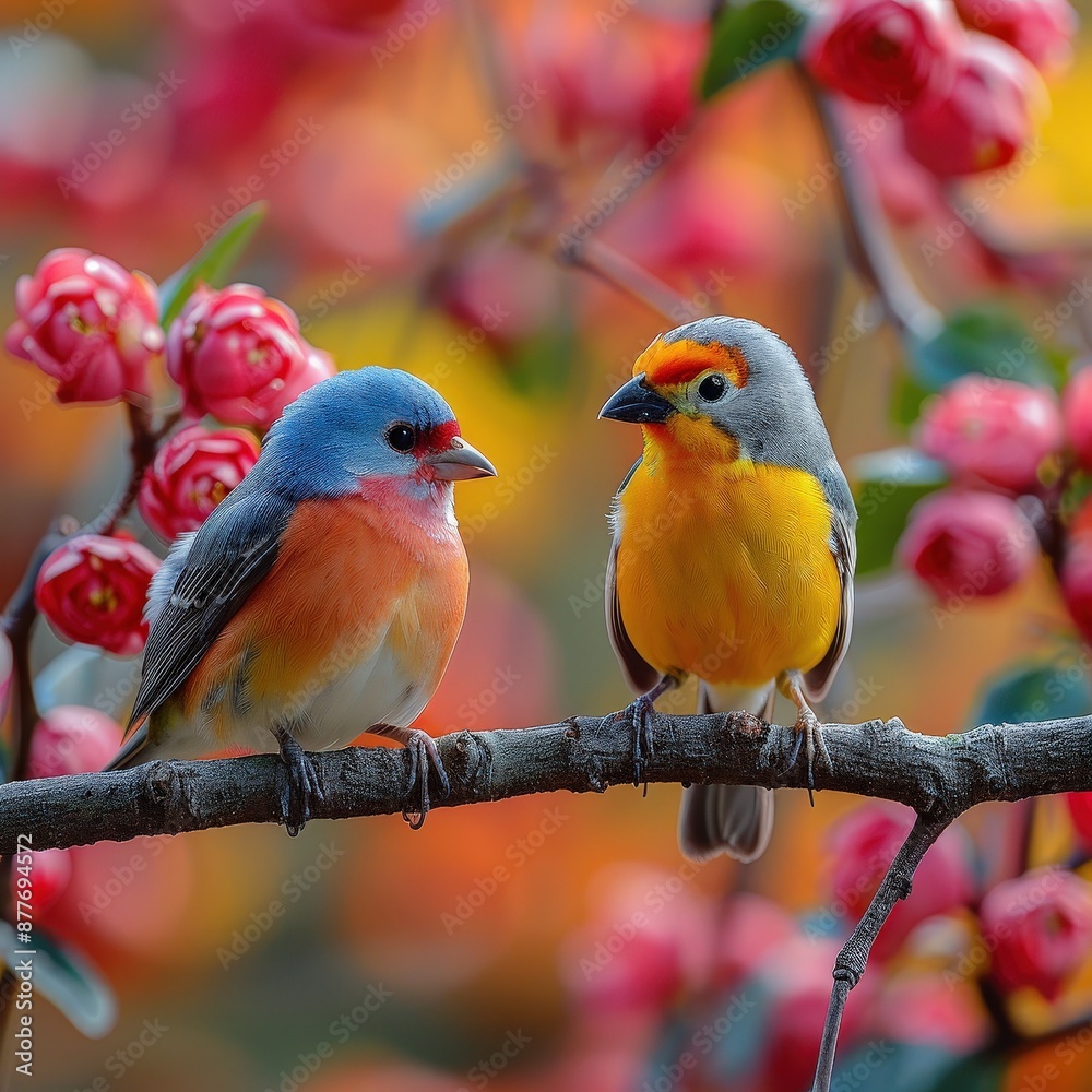 Obraz premium Photography of colorful birds wearing tiny collars, socializing on a vibrant tree branch, close-up, bright background