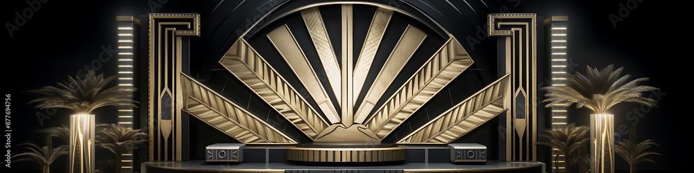 Fototapeta premium Art Deco style, gold, black, and white, a luxurious and elegant stage setting for a product reveal, evoking glamour and sophistication. 