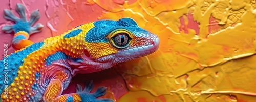 Photography of geckos interacting with homemade accessories, close-up, bright and vivid background photo