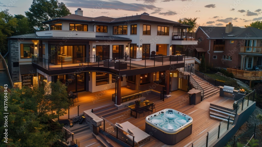 Fototapeta premium Contemporary suburban home with an expansive, multi-tier deck that includes various entertainment zones and a hot tub