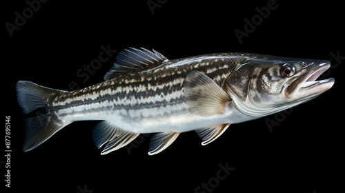 Striped fish, black, white, grey, realistic,  isolated,  freshwater fishing,  catch and release.  photo