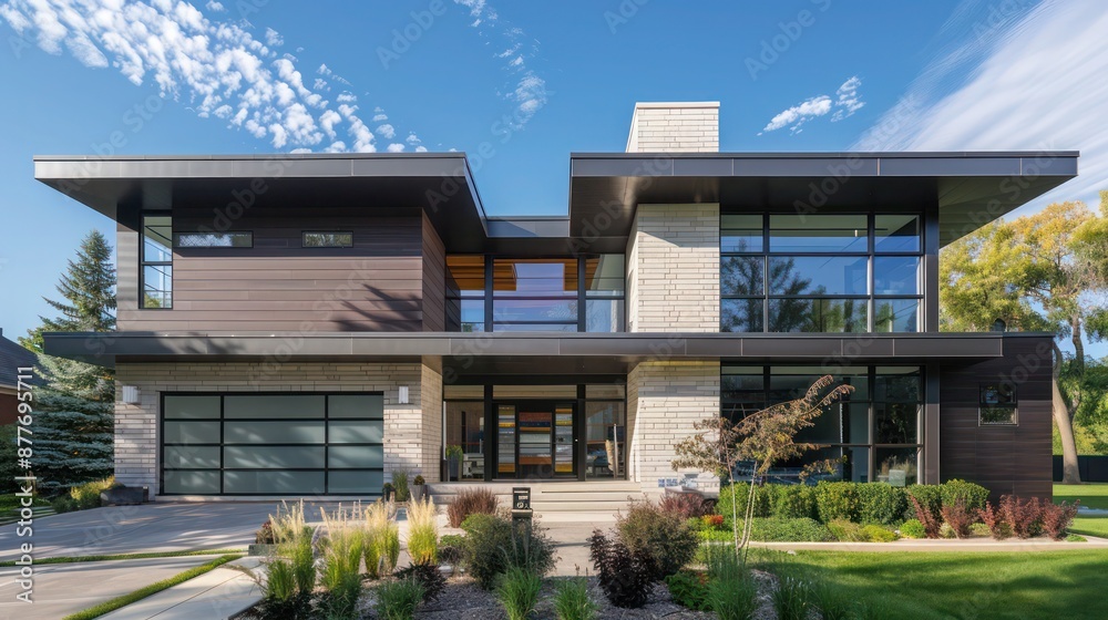 Fototapeta premium Contemporary suburban home with an exterior fa? section ade that includes kinetic architectural elements, creating visual interest and enhancing energy efficiency