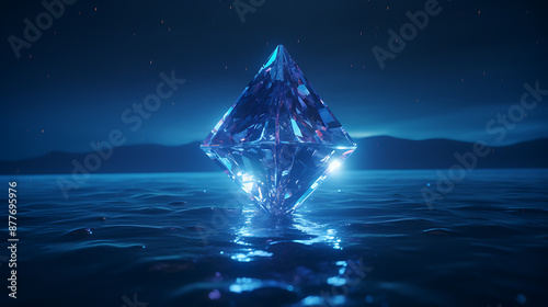 A sparkling blue diamond floats on a dark blue ocean, representing luxury, wealth, and success. 
 photo