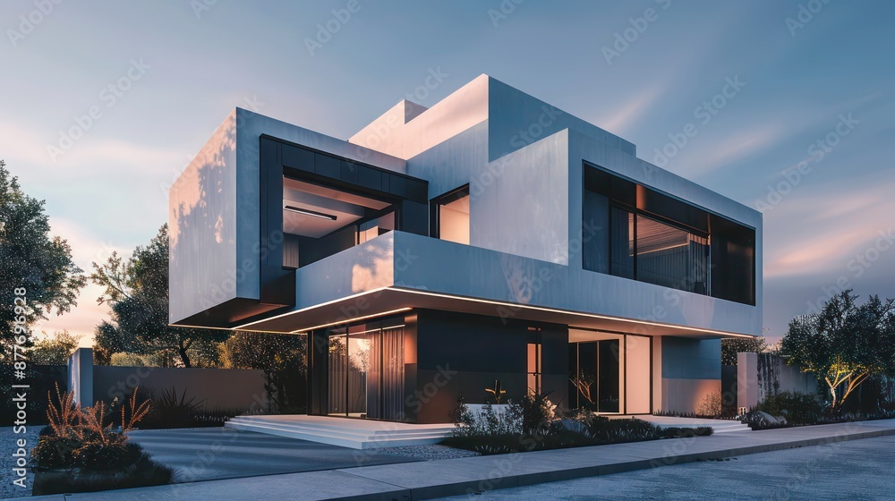 Contemporary suburban home with a minimalistic design, featuring sharp angles and a monochromatic color palette Contemporary suburban home with a minimalistic design, featuring sharp angles and a monochromatic color palette