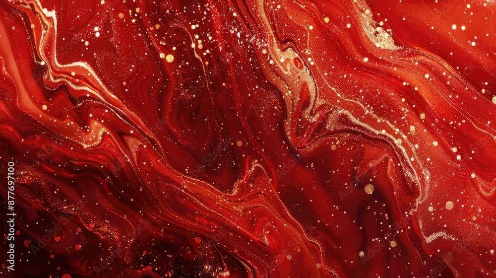 Obraz premium Close-up of a painting featuring bold red and golden hues
