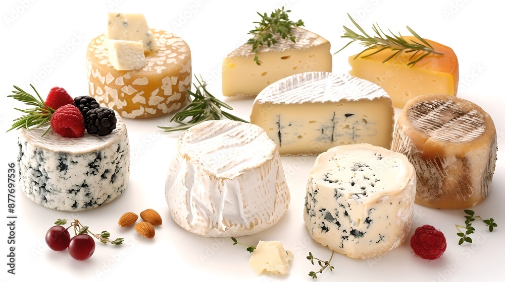 Assorted gourmet cheeses with fruits and herbs on white background.
Assorted gourmet cheeses with fruits and herbs on white background.