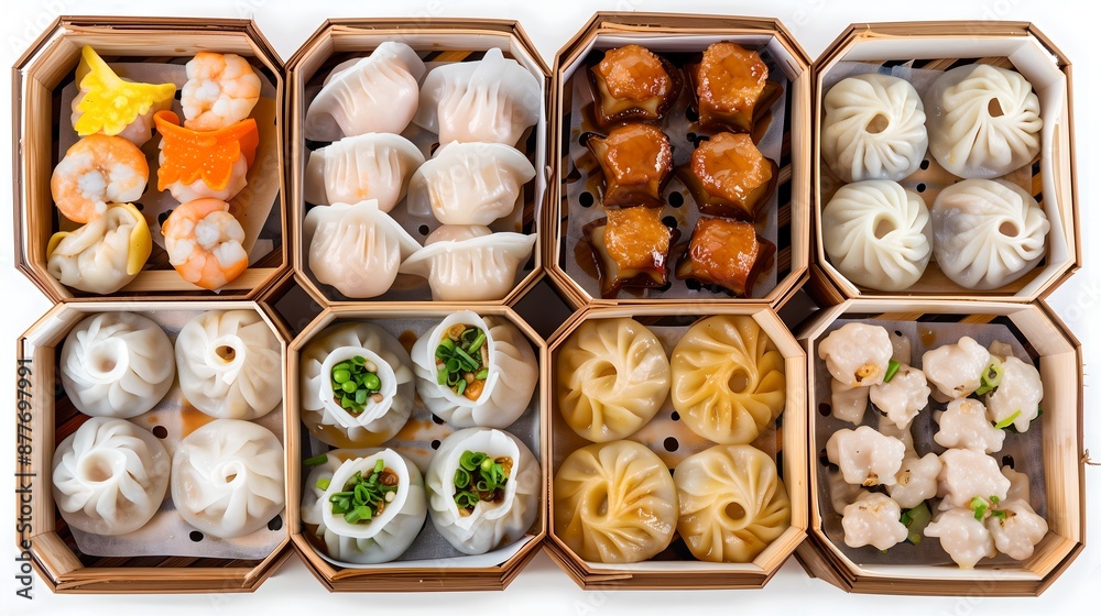 Assorted gourmet dim sum in bamboo steamers.
Assorted gourmet dim sum in bamboo steamers.