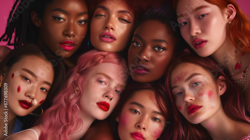 Group of Diverse Women With Red Lipstick and Makeup Posing Together