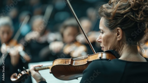 An orchestra with violinists intensely performing on stage, focusing on a violinist in the foreground, while the background is creatively blurred for emphasis. photo