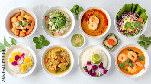 Assorted Thai cuisine with colorful dishes served in white bowls. 