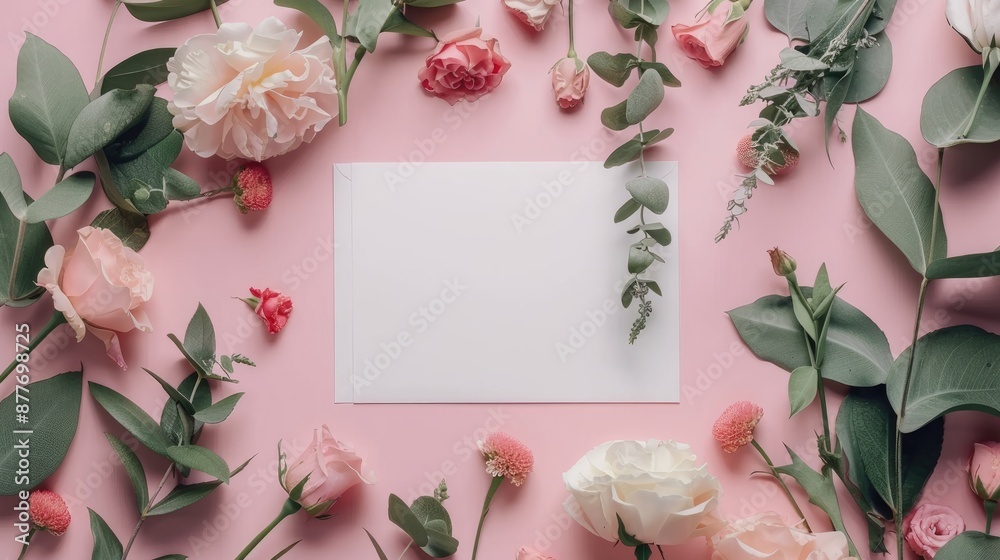Floral Frame on Pink Background With Blank Card Mockup Floral Frame on Pink Background With Blank Card Mockup