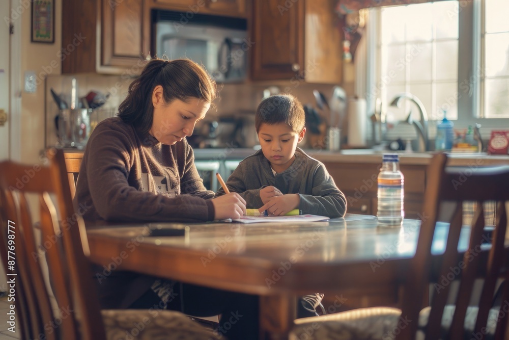 parent and child doing homework together at the kitchen table in a cozy, well-lit kitchen parent and child doing homework together at the kitchen table in a cozy, well-lit kitchen