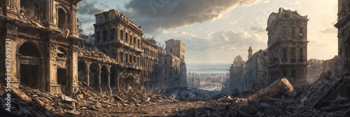 cityscape that has been destroyed by war. The buildings, once standing tall, now lay in ruins, reflecting the devastation that has taken place. photo