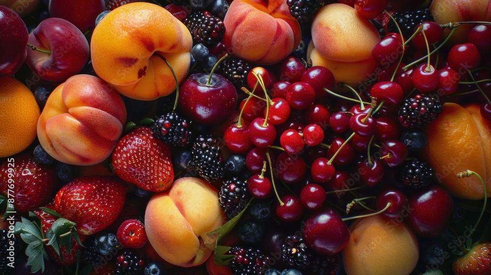 Close-up of berries, peaches, and cherries among other summer fruit Close-up of berries, peaches, and cherries among other summer fruit