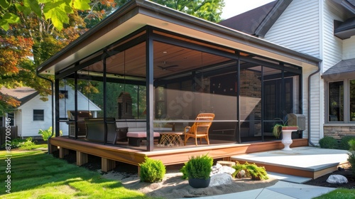 Mid-century modern suburban porch with motorized retractable screens for privacy and protection from elements
