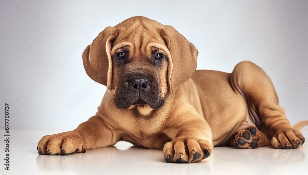 Mastiff on a white background; the puppy is three months