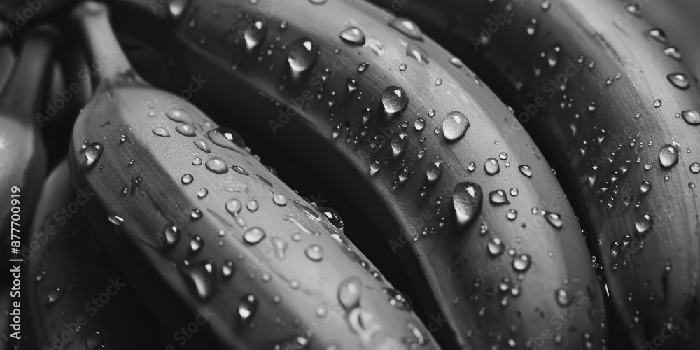 Close-up shot of bananas with water droplets glistening on their surface