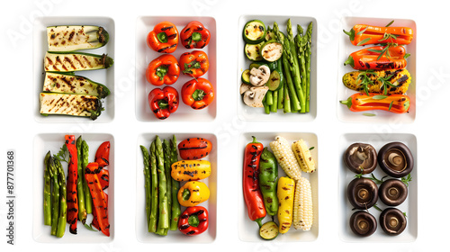 Assorted grilled vegetables on white plates.
