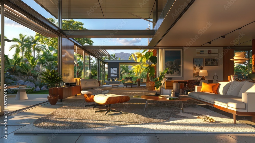 Mid-century modern suburban home with an automated, retractable roofing system that allows for an open-sky experience in the living room Mid-century modern suburban home with an automated, retractable roofing system that allows for an open-sky experience in the living room