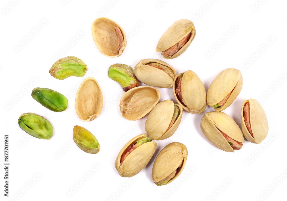 Pistachios pile isolated on white background, top view Pistachios pile isolated on white background, top view