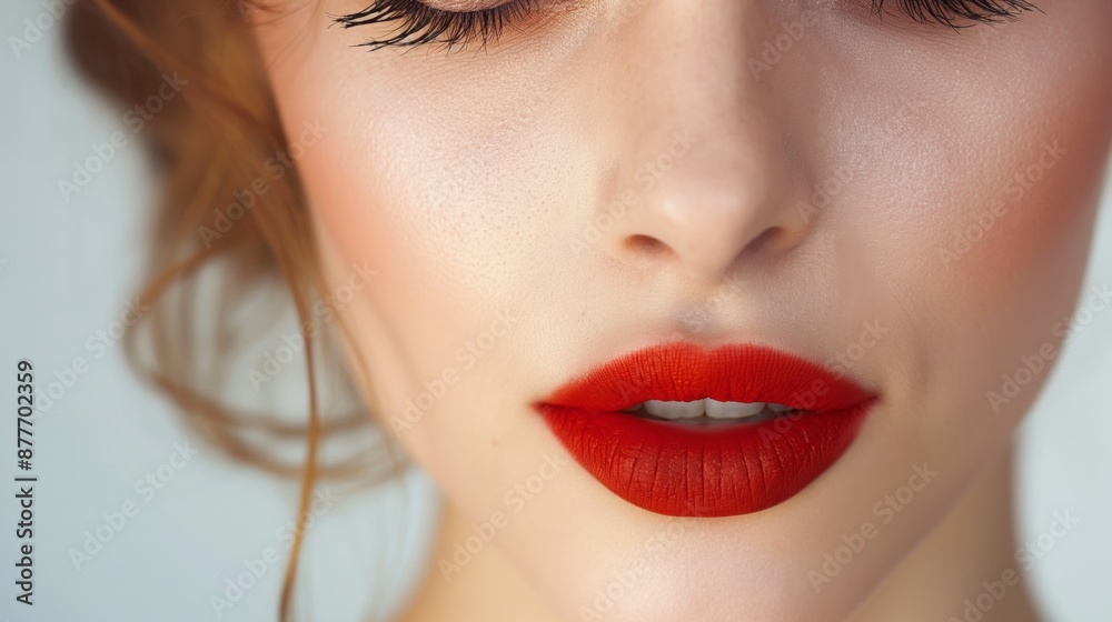 Close-up of a woman's face with bright red lipstick and natural makeup, focusing on lips and smooth skin, studio lighting, beauty concept Close-up of a woman's face with bright red lipstick and natural makeup, focusing on lips and smooth skin, studio lighting, beauty concept