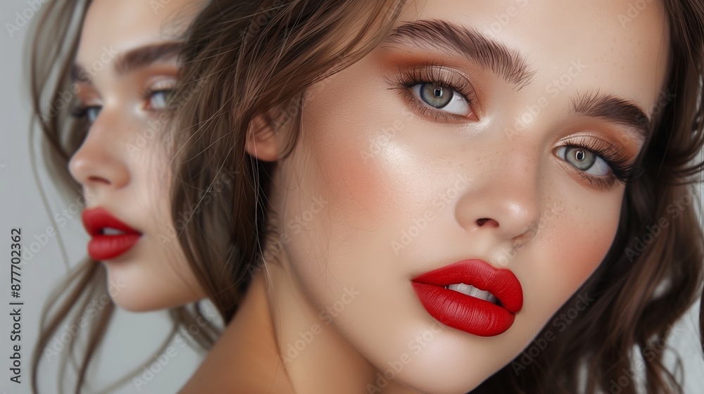 Close-up portrait of a young caucasian woman with bold red lips and neutral eyeshadow, showcasing perfect makeup and smooth skin, with her profile in the background Close-up portrait of a young caucasian woman with bold red lips and neutral eyeshadow, showcasing perfect makeup and smooth skin, with her profile in the background