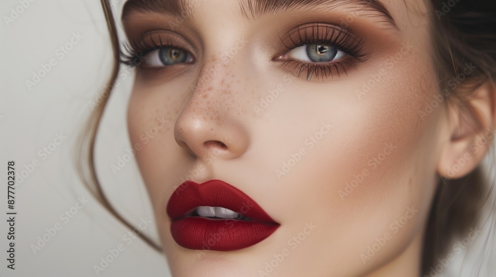 Close-up portrait of a young caucasian woman with bold red lips and neutral eyeshadow, showcasing perfect makeup and smooth skin Close-up portrait of a young caucasian woman with bold red lips and neutral eyeshadow, showcasing perfect makeup and smooth skin