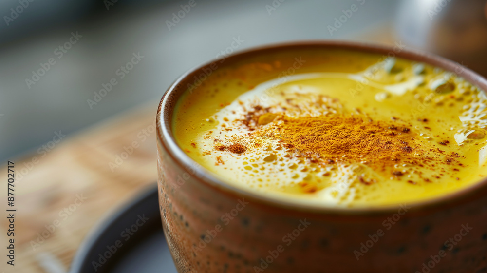 Golden Milk Latte in Rustic Mug Close Up Golden Milk Latte in Rustic Mug Close Up
