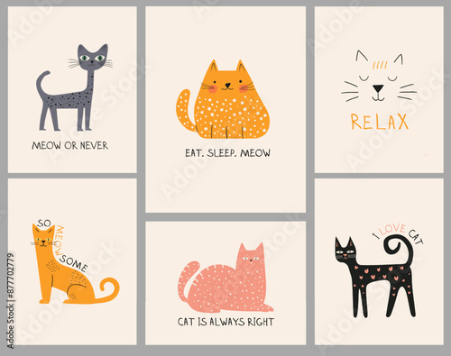 Set of baby cards cute Vibrant Funky Doodle cats with funny quotes for cat lovers. Hand drawn vector illustration. Art drawing. Design for poster, t-shirt, fashion print. Childrens cute greeting card