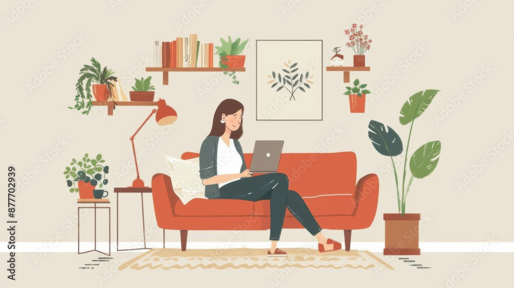Illustration of a woman working on her laptop in a cozy home office, surrounded by plants and books, depicting a relaxed work environment. Illustration of a woman working on her laptop in a cozy home office, surrounded by plants and books, depicting a relaxed work environment.