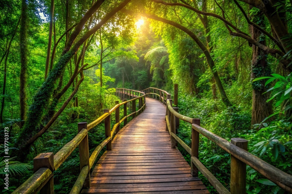 Winding wooden path disappears into a tunnel of vibrant green foliage, inviting travelers to explore unspoiled nature and experience the tranquility of eco-tourism. Winding wooden path disappears into a tunnel of vibrant green foliage, inviting travelers to explore unspoiled nature and experience the tranquility of eco-tourism.