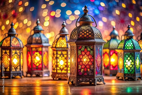 Vibrant colorful lanterns adorn a neutral copy space background, perfectly capturing the festive and joyful essence of Eid Al-Fitr celebrations and decorations. © Man888