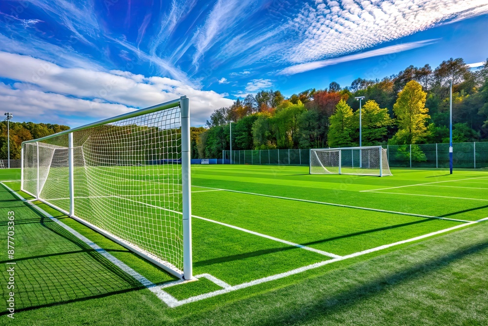Fototapeta premium Green grassy football field stretches vast and empty, lined with white markings, goals and nets standing tall, awaiting the energy of enthusiastic athletes to come.