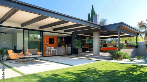Mid-century modern suburban home with a custom-built, retractable roofing system that allows the patio to be used in various weather conditions, enhancing outdoor living space usability © Ramzan