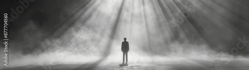 man standing in front of a waterfall with light coming from it