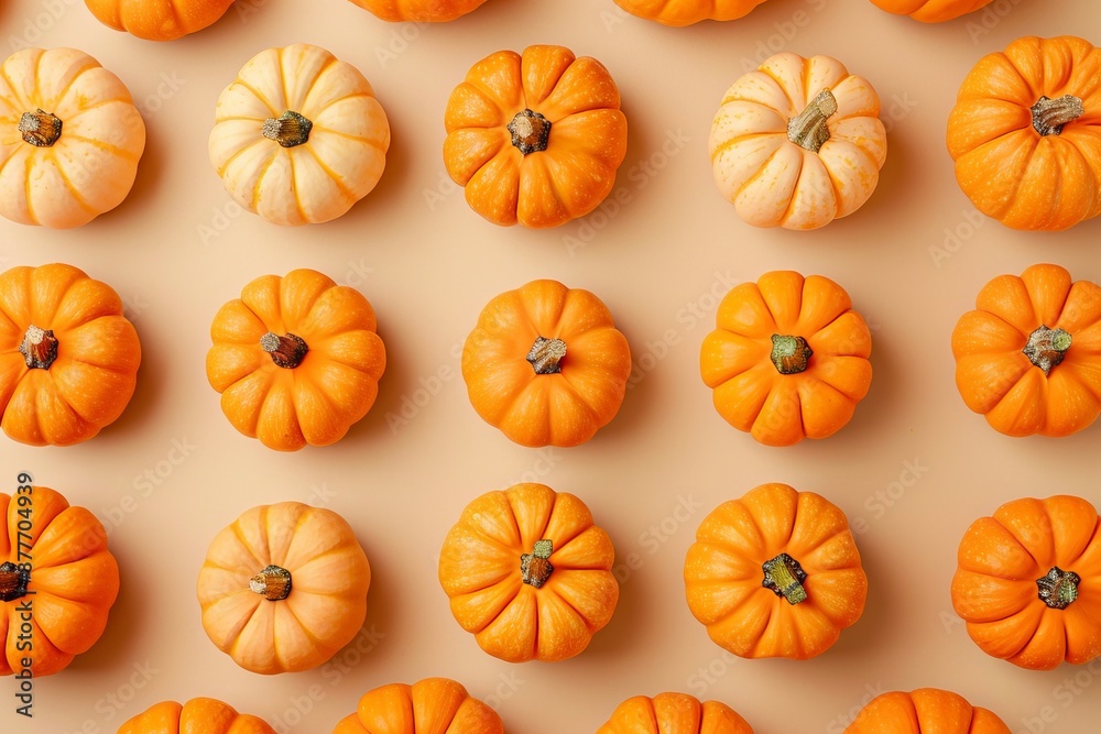 A row of mini pumpkins sits neatly displayed on a tabletop
