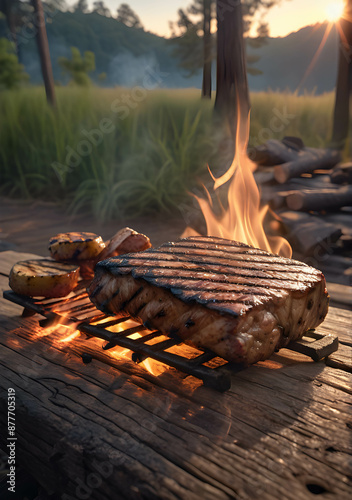 grilled-tambaqui-fish-positioned-center-frame-on-a-charred-wooden-plank-flaky-moist-glistening photo